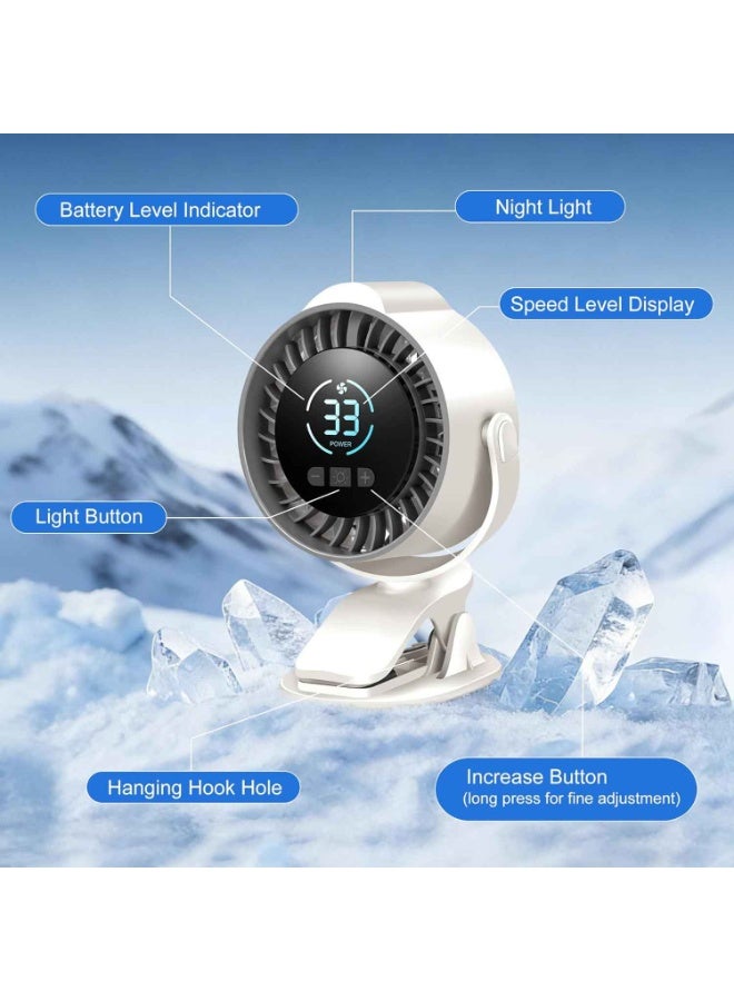 مروحة قابلة لإعادة الشحن بمشبك، مروحة تبريد صيفية، مزودة بإضاءة LED، 100 سرعة (تحتاج إلى ضغط مطول)، قابلة للتعديل بزاوية 720 درجة، مروحة مكتب صغيرة محمولة، هادئة، قاعدة تثبيت بمشبك، بطارية تدوم 12 ساعة، 7 شفرات، مثالية لغرف النوم، السفر، والتخييم - Image 2
