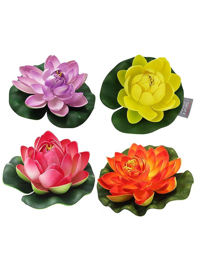 TIED RIBBONS TIED RIBBONS Set of 4 Artificial Floating Lotus Flowers with Rubber Leaf - (Multicolor) Artificial Flowers for Water Decoration Urli Aquarium Fountain Home Decor Office Pooja Room Wedding Birthday 