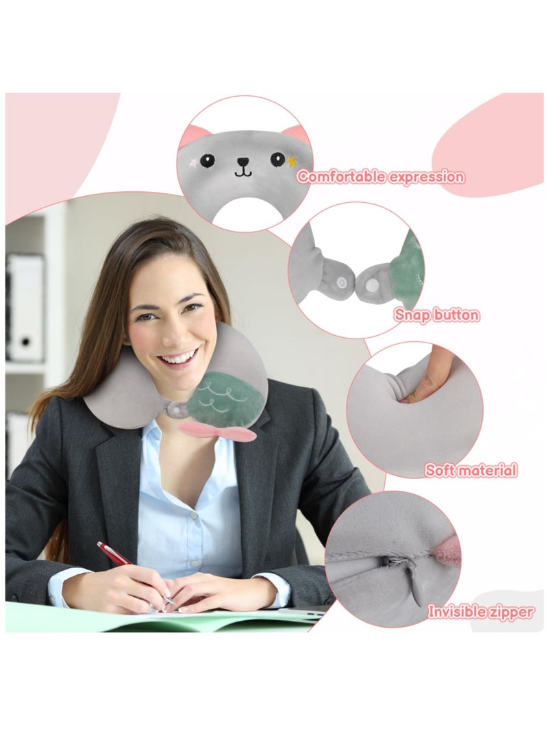 Excefore - Travel Pillow for Kids, Cute Animal Neck Support for Children Pillow Memory Foam Airplane Pillow U Shaped Travel Pillow for Airplane Train Car Travel Sleeping Camping, Grey - Image 1