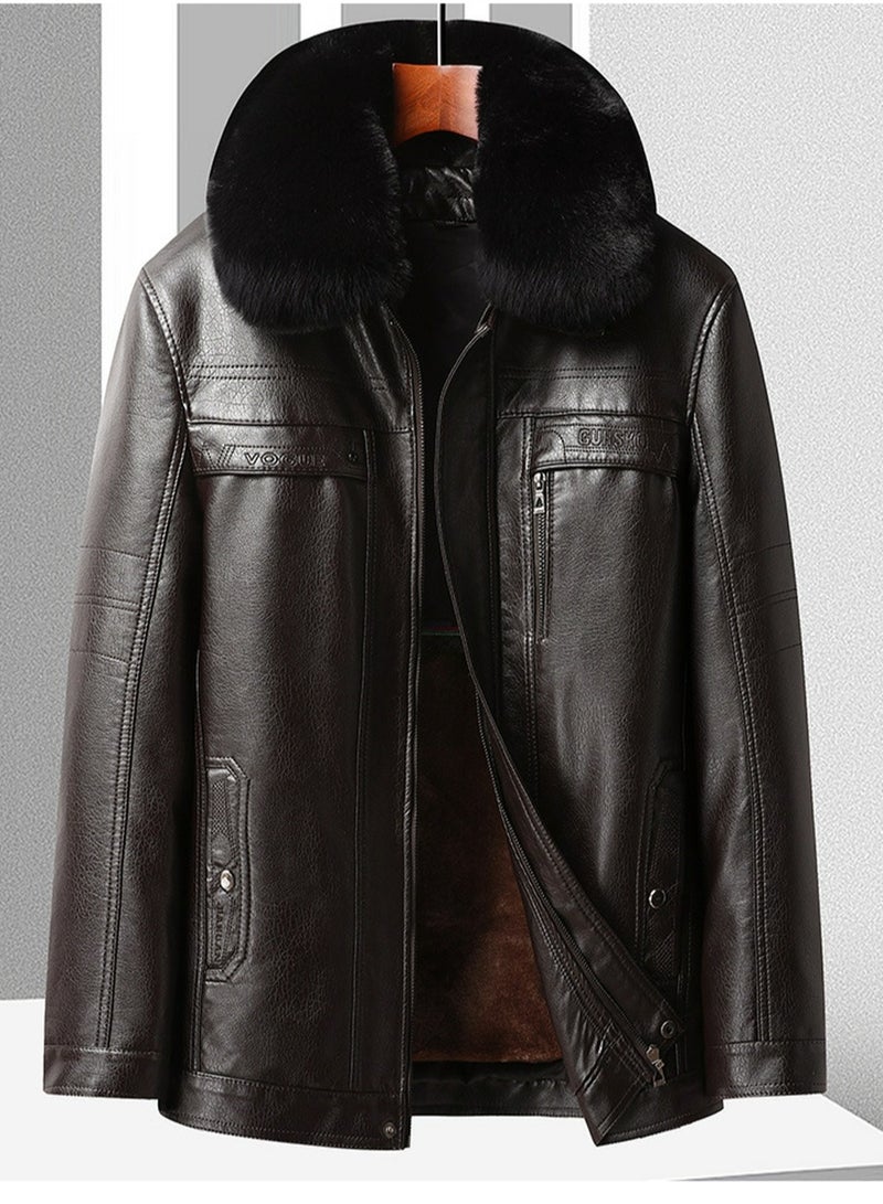 Loquat Men's Casual Leather Jacket Lapel Slim Fit Coat With Detachable Thick Inner Linning Brown 