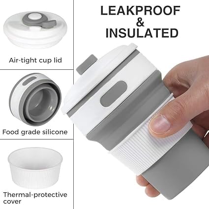 Fulkiza Silicone Collapsible Portable Tea Coffee Water Thermos Travel Mug Cup Gifts Heat Insulated for Hot and Cold Foldable Cup with Lid 350ML - Image 2