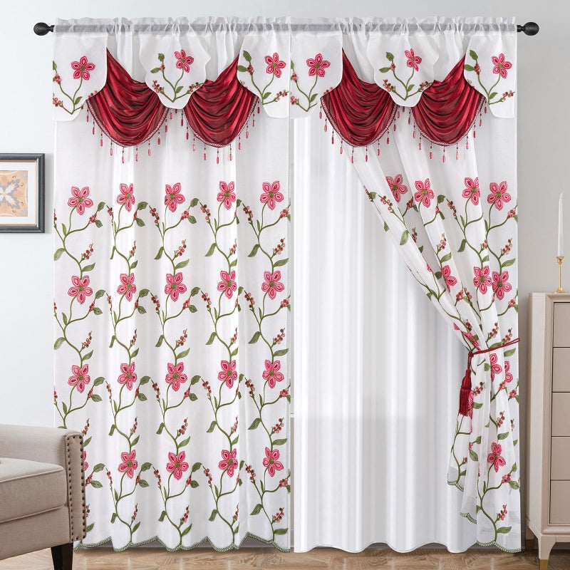 Petrichor Embroidered Sheer Curtain 2 Panels Set - Luxury Window Curtain Attached Valance with Satin Backing and 2 Tie Backs for Living Room,Dining Room, 54x84 inches, Burgundy - Image 1