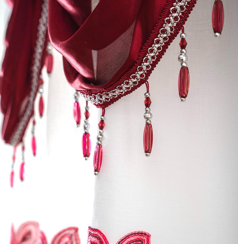 Petrichor Embroidered Sheer Curtain 2 Panels Set - Luxury Window Curtain Attached Valance with Satin Backing and 2 Tie Backs for Living Room,Dining Room, 54x84 inches, Burgundy - Image 5