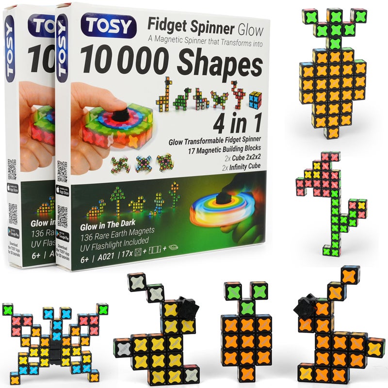 TOSY Magnet Fidget Spinner Glow 16 Blocks 3in1 Toy Transformable Fidget Spinner InfinityPuzzle Cube Easter Basket Stuffers Gift for KidsAdults Glowing STEM Sensory Stress Relief 2Pack - Image 3