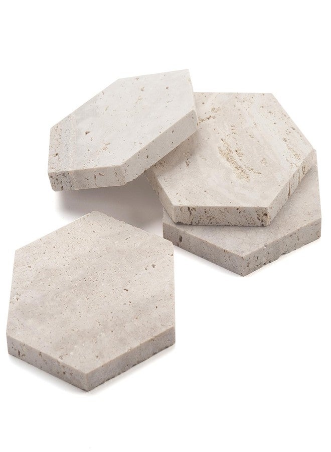 IVAILEX Marble Coasters for Drinks Hexagon Travertine Stone Coaster Set of 4 for Coffee Table Office Desk - Image 2