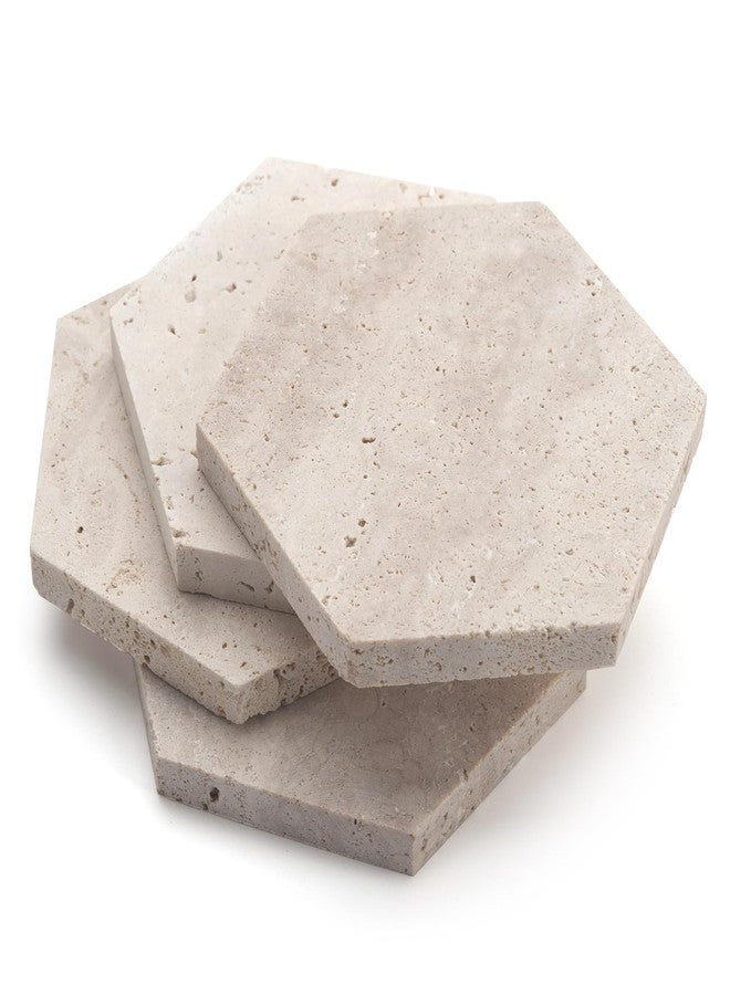 IVAILEX Marble Coasters for Drinks Hexagon Travertine Stone Coaster Set of 4 for Coffee Table Office Desk - Image 1