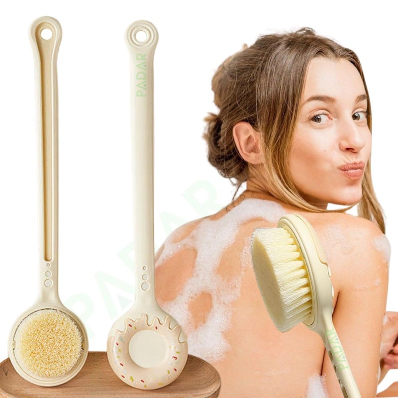 PADAR Dry Back Scrubber for Bath – with Curved Plastic Long Handle Clear Shower Brush Dry Skin Hygienic Exfoliating Cellulite Bath & Shower Brush – Gentle Body Wash Brush & Massage Scrubber for Men & Women (Doughnut Bath Brush) - Image 1