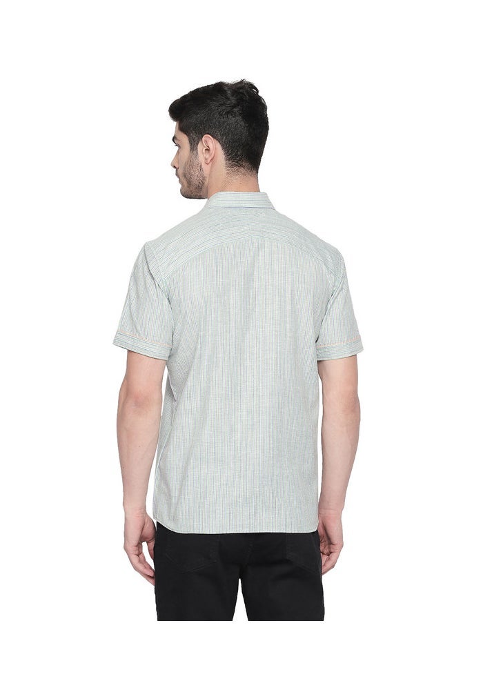 ARCHATTIRE Men's Green Striped Half Sleeve Cotton Shirt - Image 4