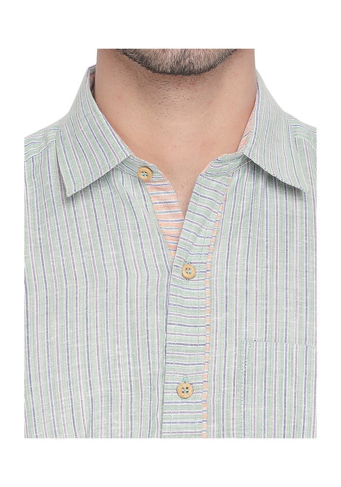 ARCHATTIRE Men's Green Striped Half Sleeve Cotton Shirt - Image 5