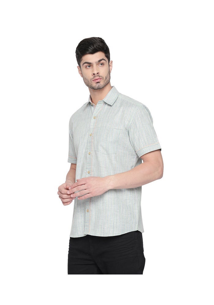 ARCHATTIRE Men's Green Striped Half Sleeve Cotton Shirt - Image 2