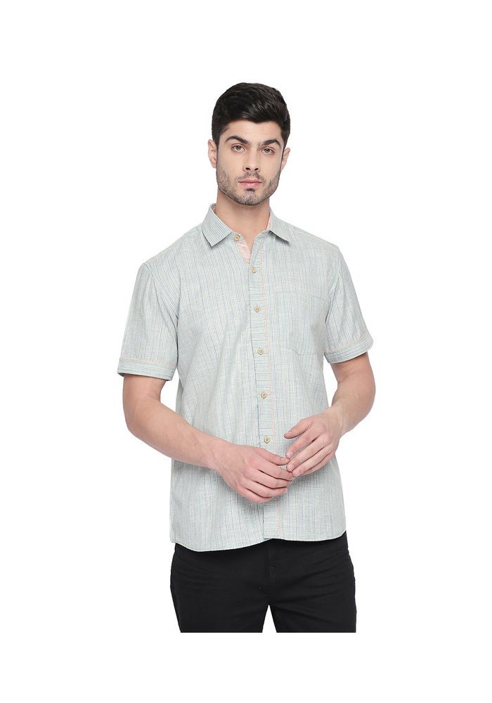 ARCHATTIRE Men's Green Striped Half Sleeve Cotton Shirt - Image 1