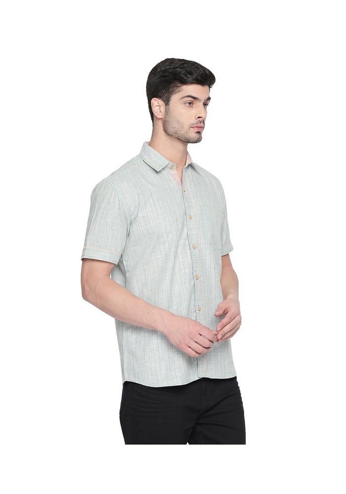 ARCHATTIRE Men's Green Striped Half Sleeve Cotton Shirt - Image 3