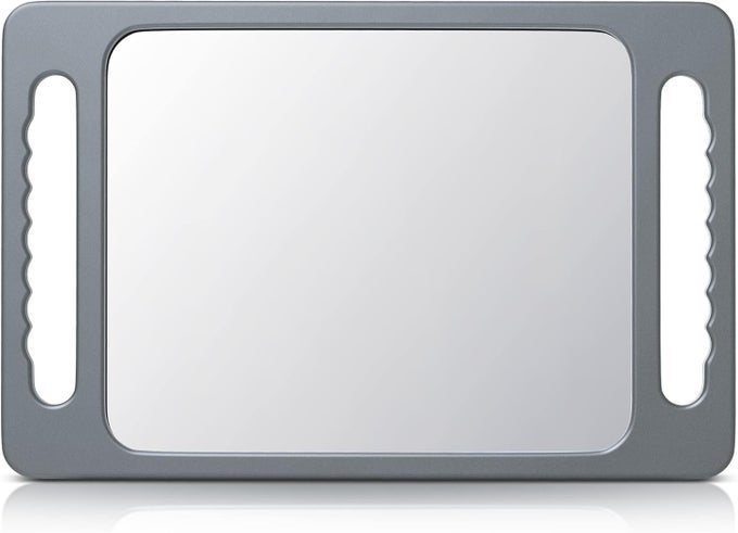 UNBREAKABLE HAND MIRROR WITH DOUBLE HANDLE- LARGE HANDHELD BARBER MIRROR FOR HAIR AND BEAUTY SALON - DURABLE HAND HELD MIRRORS FOR BARBERSHOP - HAIRCUT MIRROR WITH DOUBLE HANDGRIP- SILVER GRAY