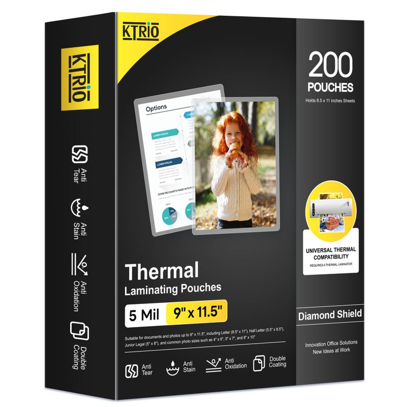 KTRIO 5 MIL Laminating Sheets, Hold 8.5 x 11 Inches, 200 Pack Thermal Laminating Pouches, 9 x 11.5 Laminate Sheets for Laminator, Clear Lamination Sheet Paper, Letter Size, Office School Home Supplies