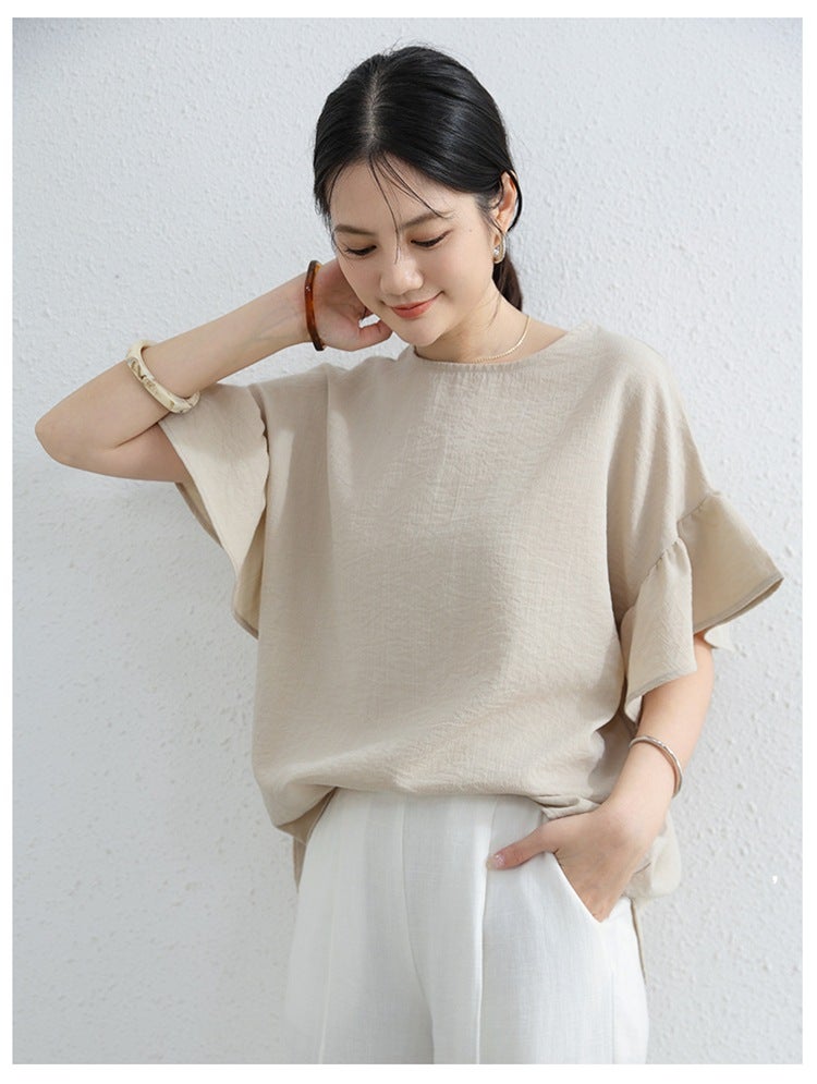 Summer Japanese plus size Womens Thin Short-sleeved T-shirt Spliced Sleeve Elegant Irregular Top Loose Round Neck T-shirt apricot lotus leaf sleeve 