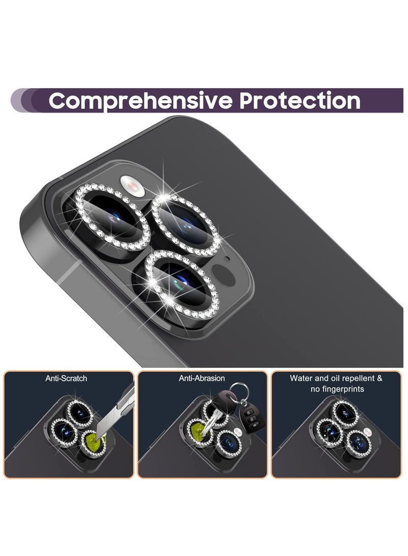 Camera Lens Protector, Set with Diamonds Bling Camera Cover Tempered Glass for iPhone 14 Pro Max /14 Pro [Perfectly Fit] - Diamond Black - Image 4
