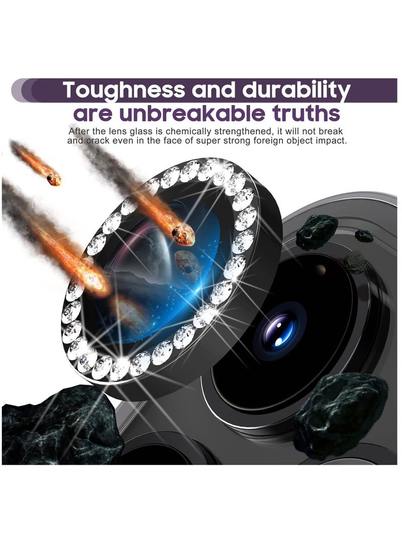 Camera Lens Protector, Set with Diamonds Bling Camera Cover Tempered Glass for iPhone 14 Pro Max /14 Pro [Perfectly Fit] - Diamond Black - Image 3
