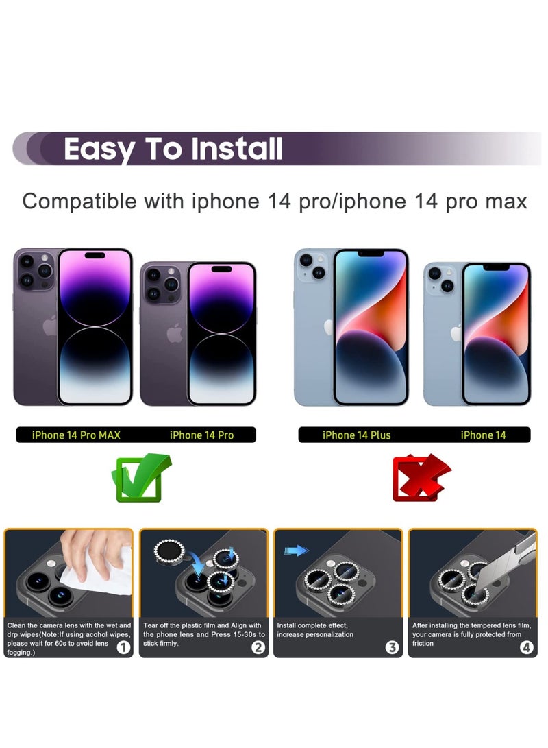 Camera Lens Protector, Set with Diamonds Bling Camera Cover Tempered Glass for iPhone 14 Pro Max /14 Pro [Perfectly Fit] - Diamond Black - Image 2