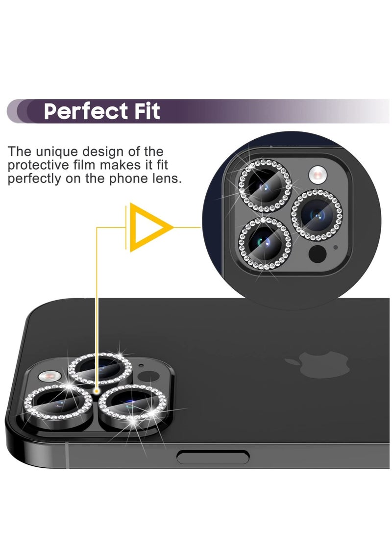 Camera Lens Protector, Set with Diamonds Bling Camera Cover Tempered Glass for iPhone 14 Pro Max /14 Pro [Perfectly Fit] - Diamond Black - Image 5