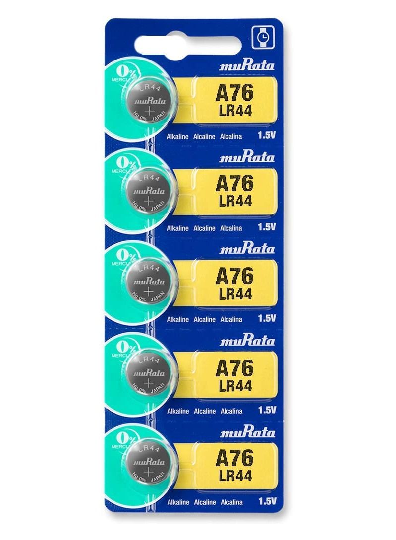 5-Pieces Murata AG13 LR44 (A76) Alkaline 1.5V Batteries