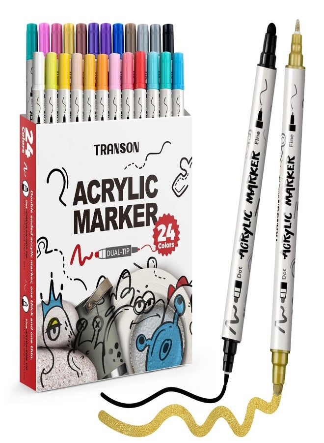 TRANSON 24 Color Bold and Fine Dual-tip Acrylic Paint Pen Set for Canvas Rock Wood Leather Ceramic DIY Painting - Image 1