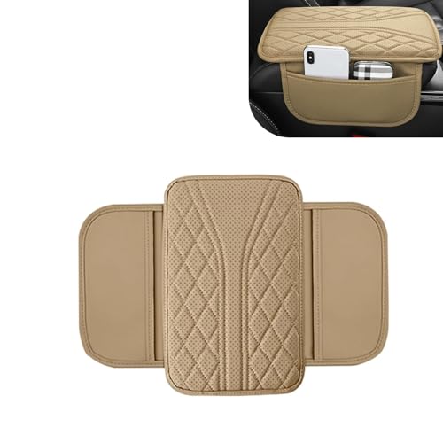 Foelony Car Center Console Cover 756 x 1181 Leather Armrest Box Protector Cover with 2 Storage Pockets Universal Armrest Cushion for Most Cars SUVs Beige - Image 1