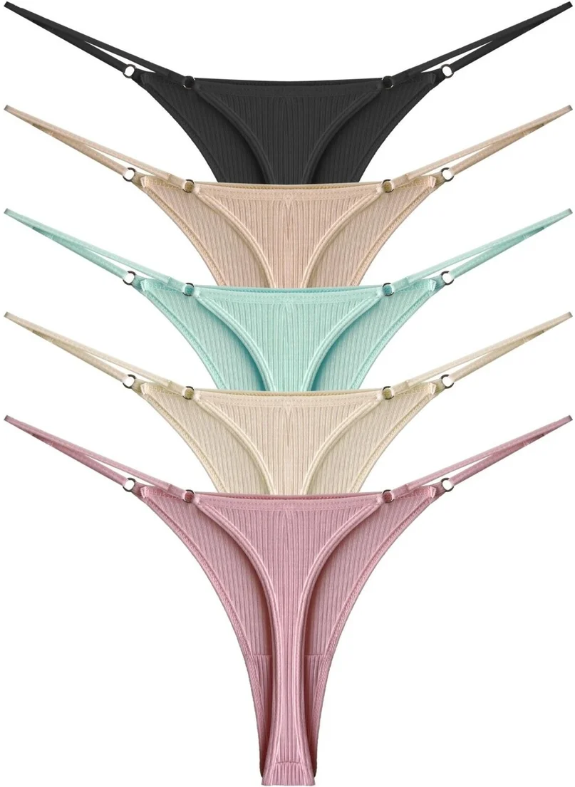 كوتن هيل Cotton and Lycra Adjustable Elastic Camisole Ribbed Women's Thong Panties 5-Pack