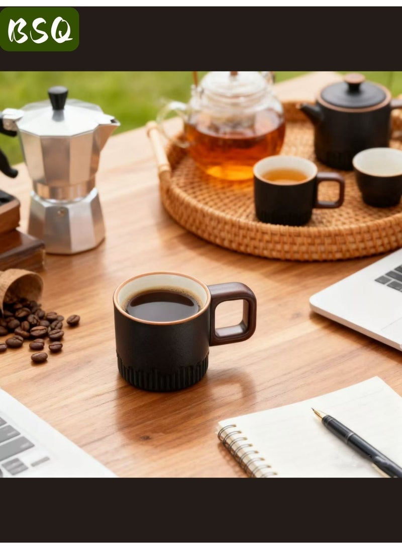 بي إس كيو كوبين صغيرين من الإسبريسو بسعة 75 مل (أسود وأبيض) بمقابض خشبية من السيراميك وتزجيج متدرج، مثالي للقهوة التركية واللاتيه والكابتشينو. أكواب قهوة صغيرة من البورسلين على الطراز الياباني بمقابض خشبية وأكواب شاي سيراميك صغيرة. - Image 3