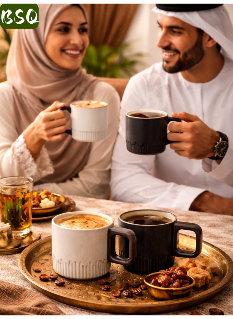 بي إس كيو كوبين صغيرين من الإسبريسو بسعة 75 مل (أسود وأبيض) بمقابض خشبية من السيراميك وتزجيج متدرج، مثالي للقهوة التركية واللاتيه والكابتشينو. أكواب قهوة صغيرة من البورسلين على الطراز الياباني بمقابض خشبية وأكواب شاي سيراميك صغيرة. - Image 1