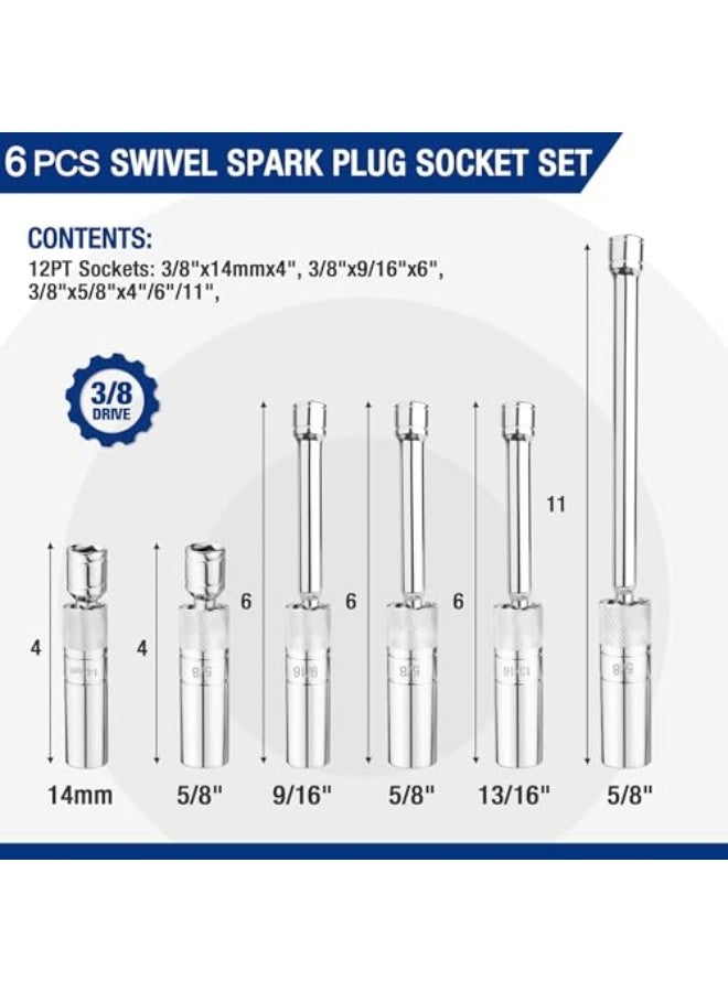 Generic CCHELIZI 6 PCS Magnetic Swivel Spark Plug Socket Set, Includes 9/16-inch, 5/8-inch, 13/16-inch, 14 MM Thin Wall Sockets with 4, 6, 11-inch Extensions, 3/8" Drive with 12 Points, Magnetic Core  - Image 2