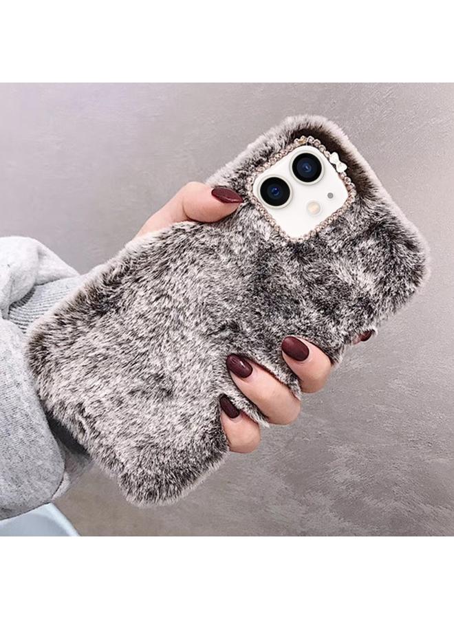 زبون جراب لهاتف iPhone 12 mini مع حلقة عدسة ماسية بلون سادة، جراب هاتف من القطيفة - Image 1