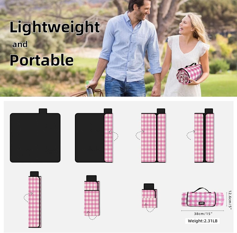 ZAZE Picnic Blanket Waterproof Sandproof, 80''x80'' 3-Layer Cute Compact Extra Large Machine Washable Foldable Beach Mat, Big XL Outdoor Blankets for Spring Summer Camping, Park, Grass(Pink and White) - Image 5