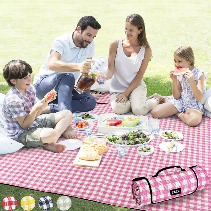 ZAZE Picnic Blanket Waterproof Sandproof, 80''x80'' 3-Layer Cute Compact Extra Large Machine Washable Foldable Beach Mat, Big XL Outdoor Blankets for Spring Summer Camping, Park, Grass(Pink and White) - Image 1