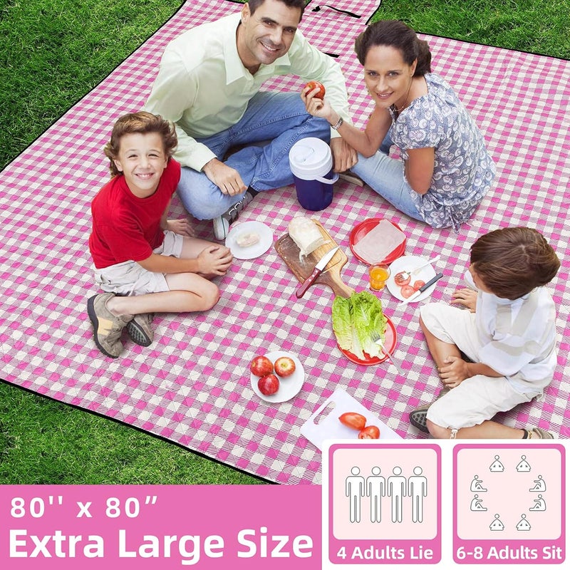 ZAZE Picnic Blanket Waterproof Sandproof, 80''x80'' 3-Layer Cute Compact Extra Large Machine Washable Foldable Beach Mat, Big XL Outdoor Blankets for Spring Summer Camping, Park, Grass(Pink and White) - Image 2