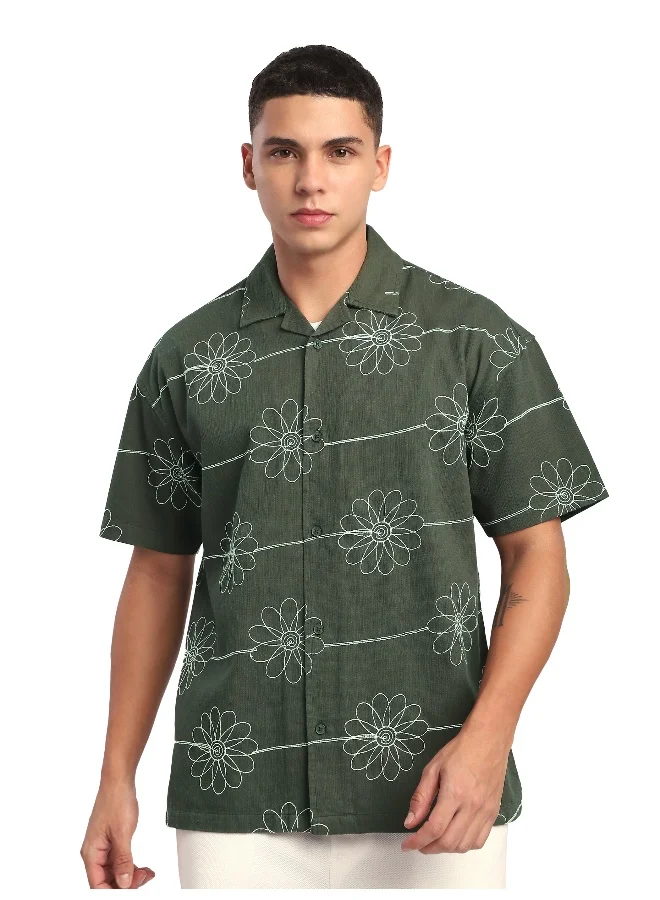 Beyoung Navy Blue Flower Embroidered Cuban Shirt
