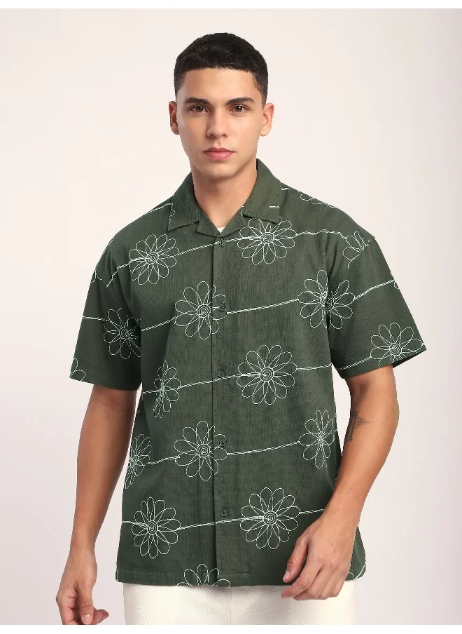 Beyoung Navy Blue Flower Embroidered Cuban Shirt
