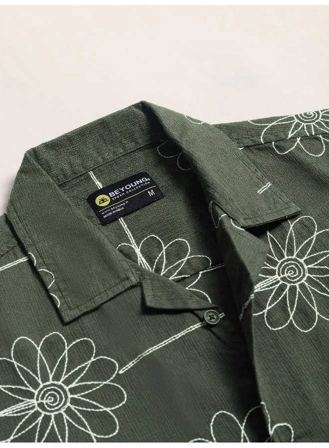 Beyoung Navy Blue Flower Embroidered Cuban Shirt