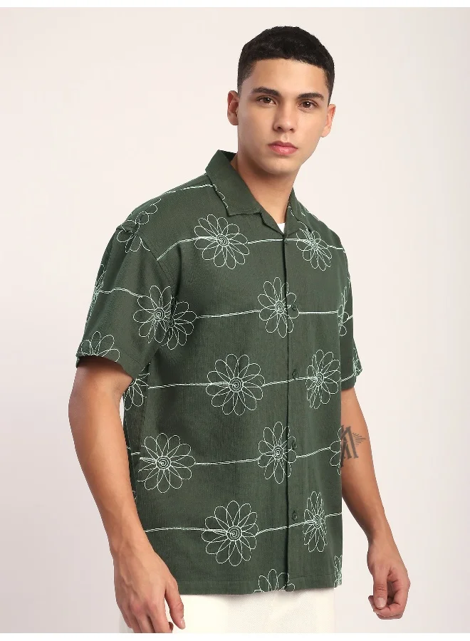 Beyoung Navy Blue Flower Embroidered Cuban Shirt