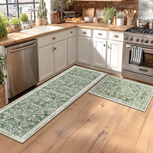 Yamaziot Washable Runner Rug 2x6 – Non Slip Boho Floral Hallway Runner Rug with Rubber Backing, Low Pile Faux Wool Distressed Carpet for Kitchen, Laundry, Bedroom, Entrance, Mottled Green - Image 2