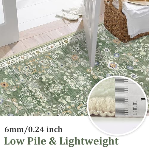 Yamaziot Washable Runner Rug 2x6 – Non Slip Boho Floral Hallway Runner Rug with Rubber Backing, Low Pile Faux Wool Distressed Carpet for Kitchen, Laundry, Bedroom, Entrance, Mottled Green - Image 3