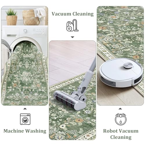 Yamaziot Washable Runner Rug 2x6 – Non Slip Boho Floral Hallway Runner Rug with Rubber Backing, Low Pile Faux Wool Distressed Carpet for Kitchen, Laundry, Bedroom, Entrance, Mottled Green - Image 4