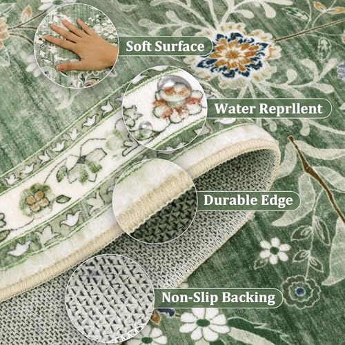 Yamaziot Washable Runner Rug 2x6 – Non Slip Boho Floral Hallway Runner Rug with Rubber Backing, Low Pile Faux Wool Distressed Carpet for Kitchen, Laundry, Bedroom, Entrance, Mottled Green - Image 5
