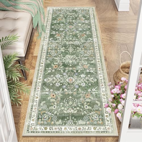 Yamaziot Washable Runner Rug 2x6 – Non Slip Boho Floral Hallway Runner Rug with Rubber Backing, Low Pile Faux Wool Distressed Carpet for Kitchen, Laundry, Bedroom, Entrance, Mottled Green - Image 1