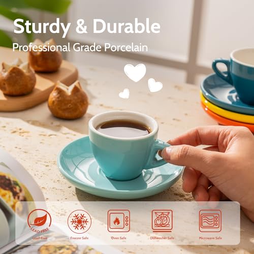 Sweese Espresso Cups with Saucers, 4 Ounce Demitasse Cups, Perfect for Single or Double Espresso, Cappuccino, Latte and Tea - Set of 6, Multicolor, Hot Assorted Colors - Image 4