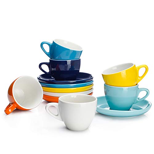 Sweese Espresso Cups with Saucers, 4 Ounce Demitasse Cups, Perfect for Single or Double Espresso, Cappuccino, Latte and Tea - Set of 6, Multicolor, Hot Assorted Colors - Image 1