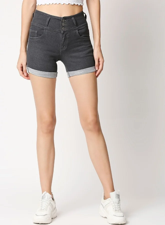هاي ستار Women Grey Mid-Rise Denim Stretchable Shorts