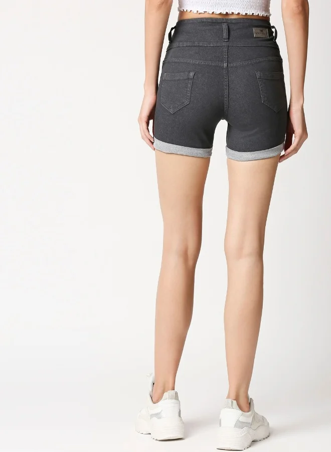 هاي ستار Women Grey Mid-Rise Denim Stretchable Shorts