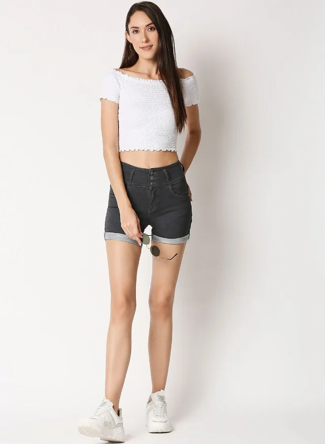 هاي ستار Women Grey Mid-Rise Denim Stretchable Shorts