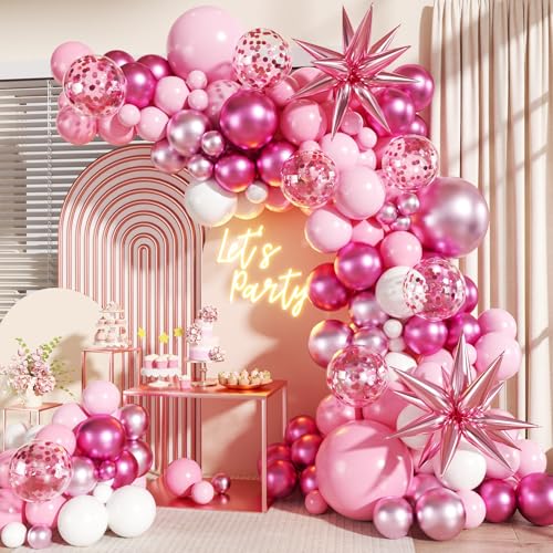 LANGASQUE Pink Balloon Garland Arch Kit 140Pcs Hot Light Metallic Pastel Pink White Confetti Balloons With Stars for Birthday Valentines Day Birdal Shower Wedding Gender Reveal Graduation Party Decorations - Image 1