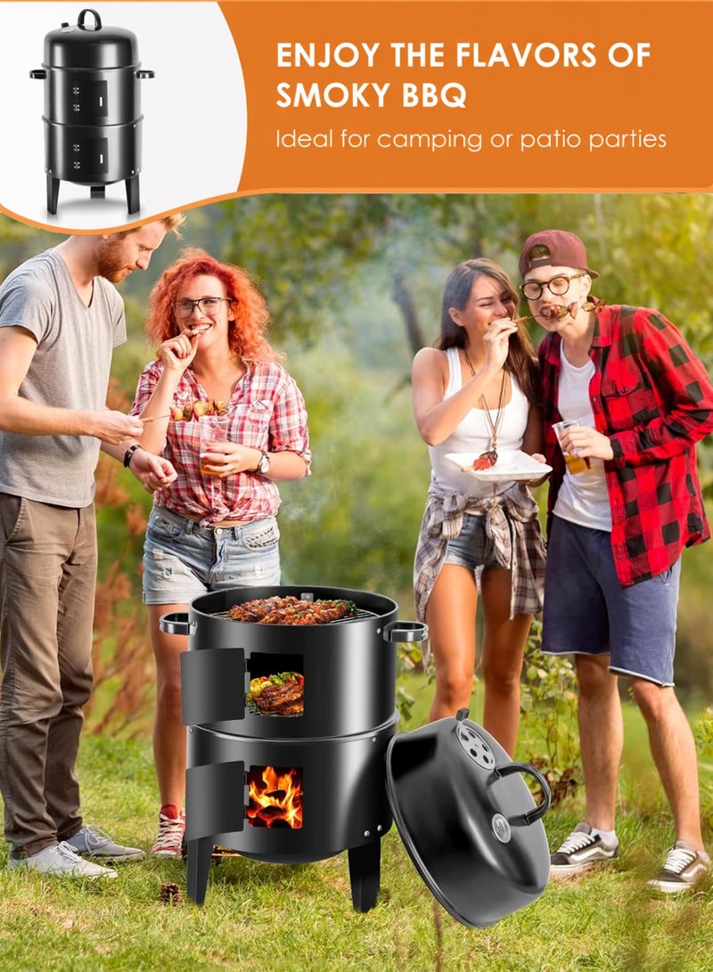 Charcoal Smoker Grill 3 in 1 Vertical BBQ Portable Steel Cooker with Thermometer Adjustable Vent Dual Door 40cm 84cm Black Outdoor Camping Garden Patio Cooking - Image 3